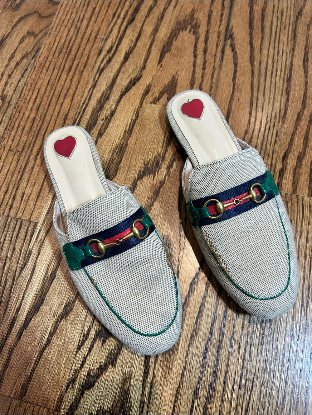 Woven Canvas Slip-On Mules with Green Trim and Horsebit Accent